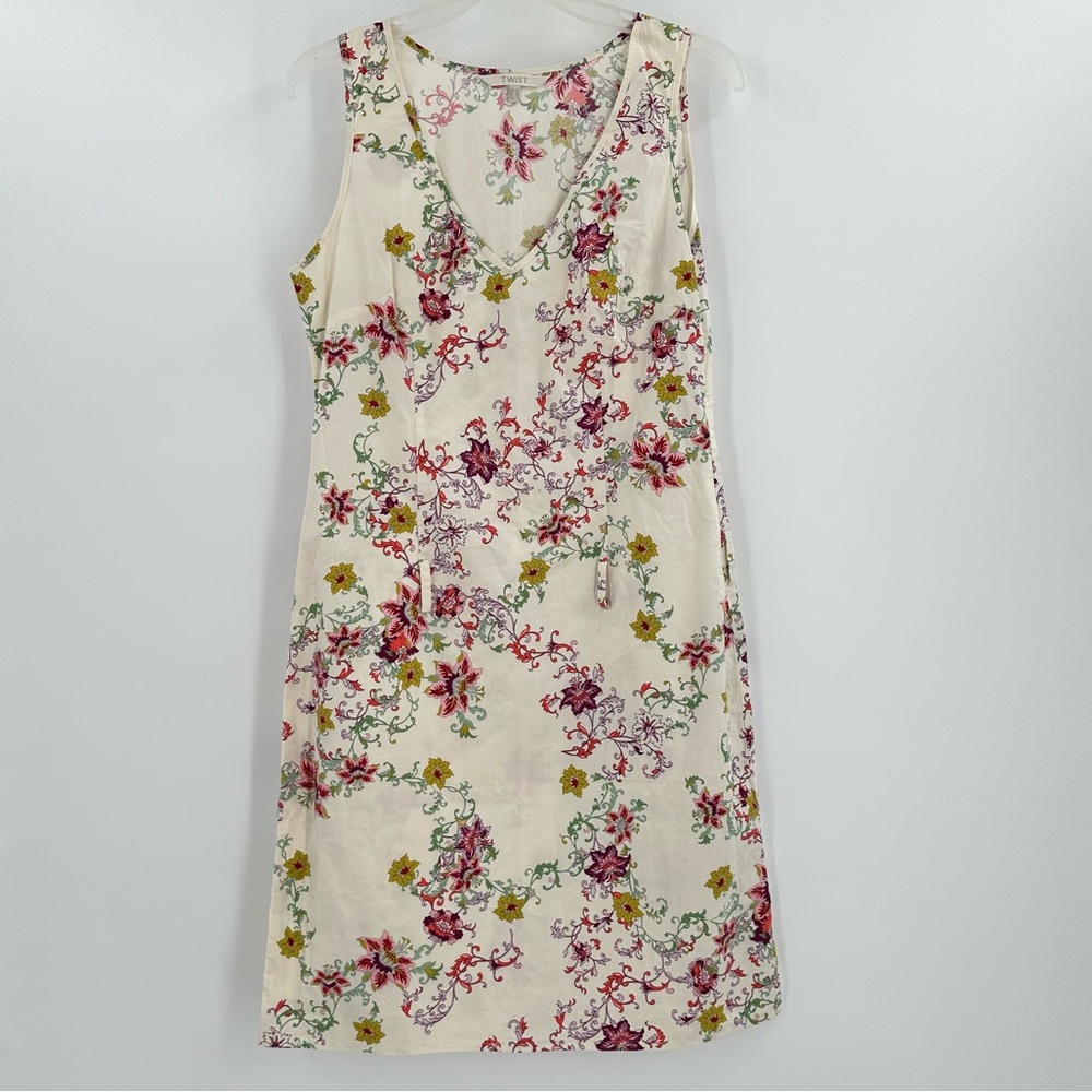 Twist Boutique Women’s Cotton Ivory Floral V-Neck Sleeveless Midi Dress Size 8